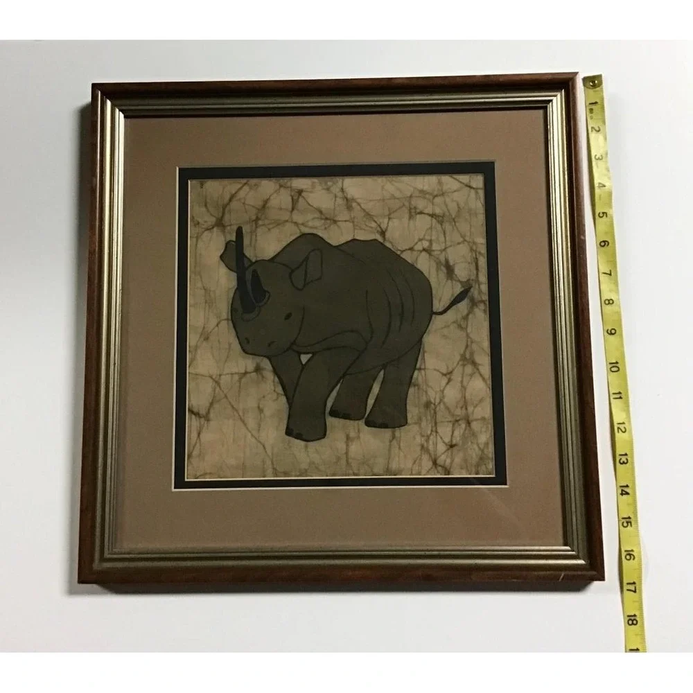 Vintage‎ African Rhino Batik Fabric Art Framed Textile Rhinoceros Tribal Decor